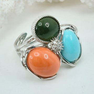 Argent Bague - TURCHESE CORAIL ET JADE