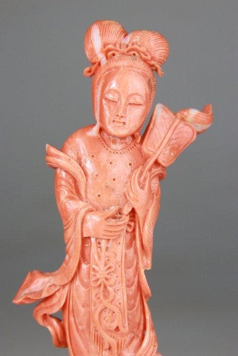 Zeldzaam beeldje Kwanyin en Corail - Koraalrood - Rode, Antiek en Kunst, Antiek | Overige Antiek