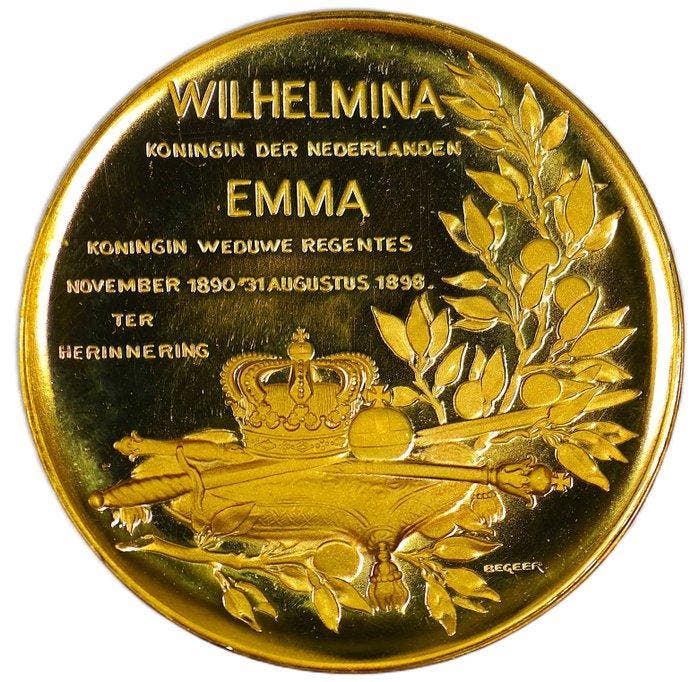 Nederland. Queen Wilhelmina - Inauguration Medal 1898 gilt, Postzegels en Munten, Munten | Nederland
