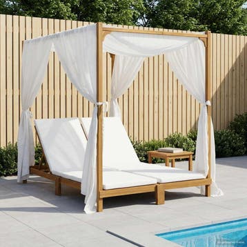 vidaXL Dubbele ligstoel met canopy en gordijnen Massief, Tuin en Terras, Verzenden, Nieuw