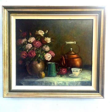 Godelieve - Stilleven met oude vaas en bloemen - NO RESERVE, Antiek en Kunst