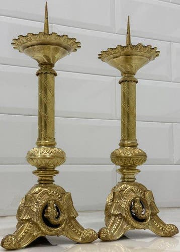 Kaarsenhouder (2) - Verguld brons - Paar kerkelijke