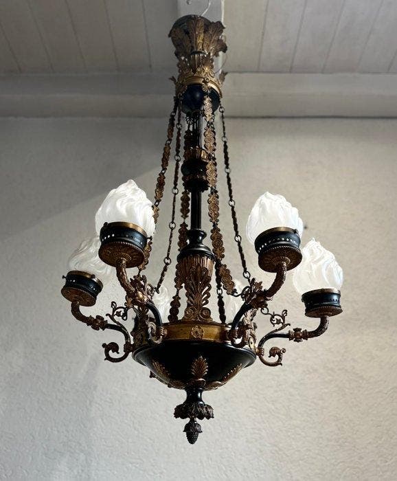 Lustre - Bronze, Verre, Antiquités & Art, Antiquités | Meubles | Chaises & Canapés