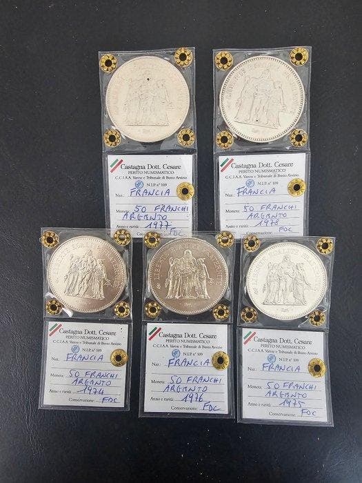 Frankrijk. 50 Francs 1974/1978 Hercule (5 monete), Postzegels en Munten, Munten | Europa | Niet-Euromunten