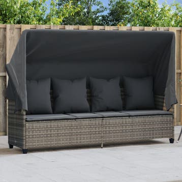 vidaXL Ligbed met luifel en kussens poly rattan grijs, Verzenden