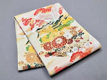 Japanse Fukuro Obi – zijde – kraanvogel- en bloemmotief –, Antiek en Kunst
