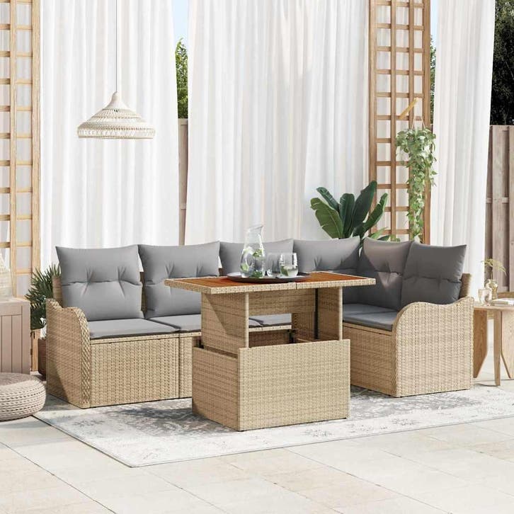 vidaXL Tuinbank Set met opslag 6 pcs Beige Poly rattan, Tuin en Terras, Tuinsets en Loungesets, Nieuw, Verzenden