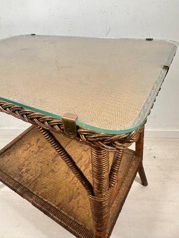 Tafel - Engelse vergulde Loom bijzettafel met glazen blad en