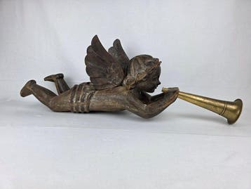 sculptuur, Grande Angelo Musicante - 85 cm - Hout, Messing