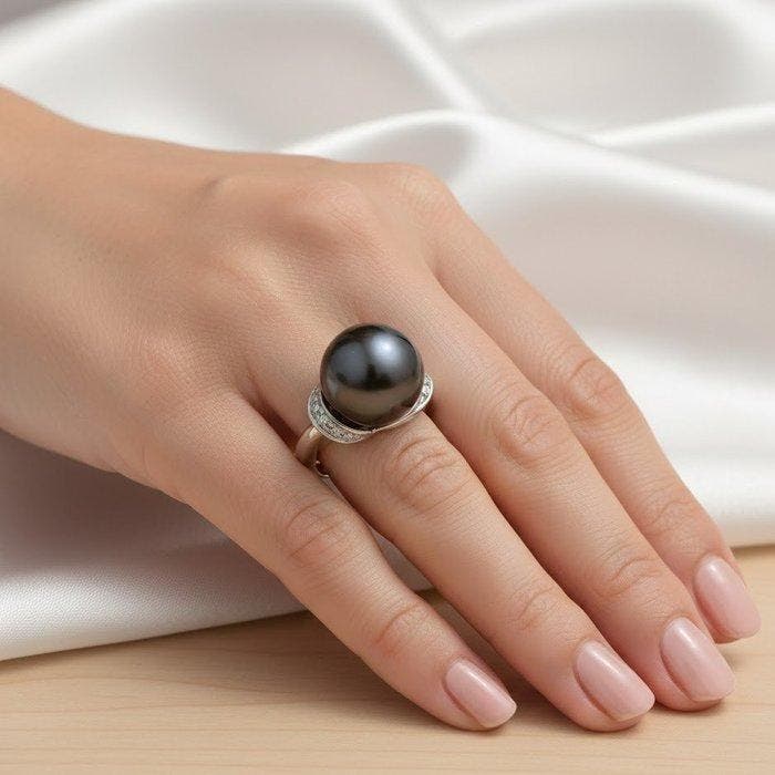 Ring - 18 karaat Witgoud Parel - Diamant, Bijoux, Sacs & Beauté, Bagues