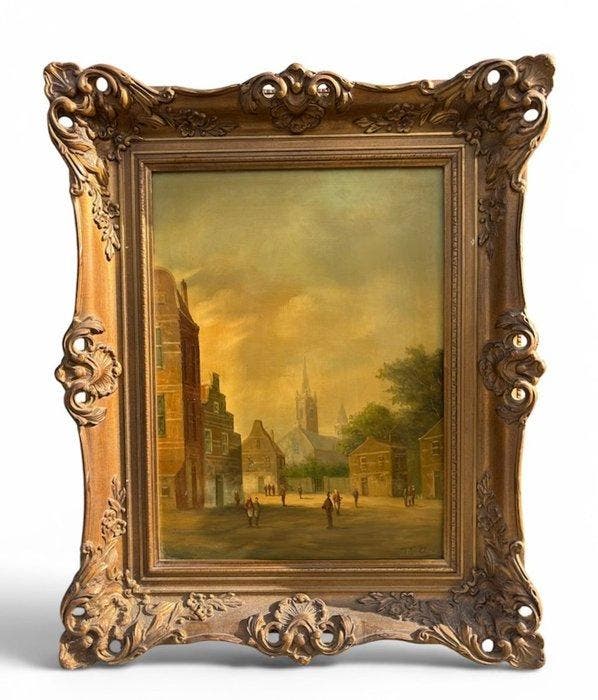 J. de Zeeuw (XX) - Zicht op oud kerk Scheveningen, Antiek en Kunst, Kunst | Schilderijen | Klassiek