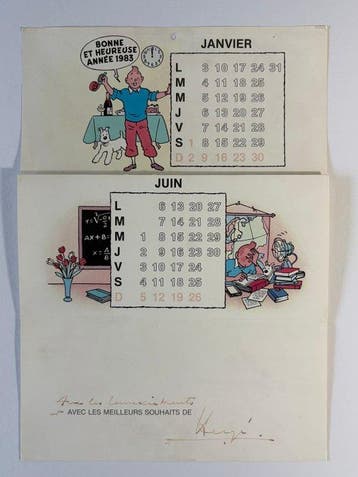 Tintin Wenskaart - 1983 vouwkalender + handtekening van