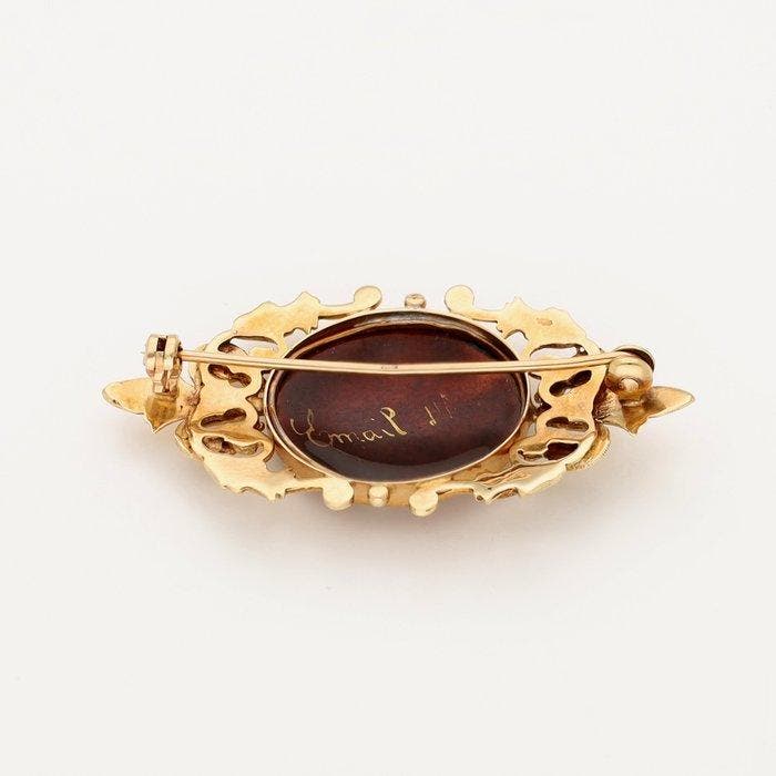 Broche - 14 carats Or jaune - Émail, Handtassen en Accessoires, Antieke sieraden