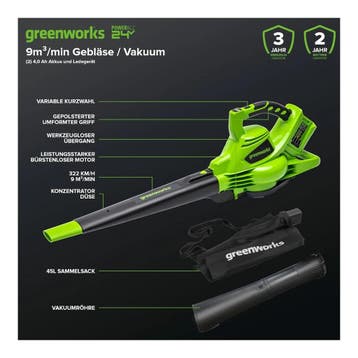 Greenworks GD24X2BVK4X bladblazer/zuiger 48V met 2x 4Ah accu, Ophalen of Verzenden, Nieuw
