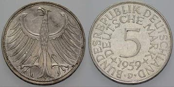 5 duitse Mark 1959 D 5 Mark Kursmunten Bondsrepubliek Dui..., Verzenden