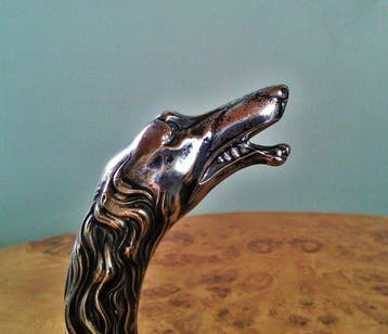 Canne de marche - tête dun Borzoi - Alpacca en ébène,, Antiquités & Art