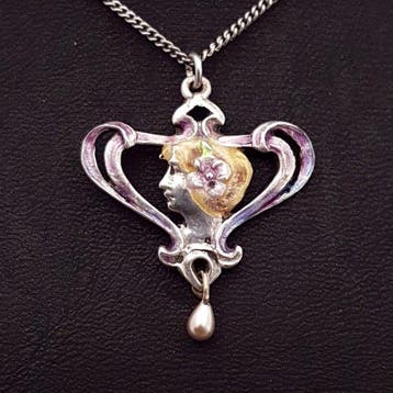 Zilver, Art Nouveau, Emaille - Ketting met hanger, Antiek en Kunst
