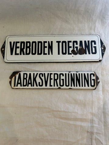 Emaille borden - verboden toegang & tabaksvergunning -
