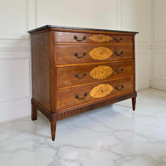 Ladekast - Walnoot, Hout, Messing, Marmer, Antiek en Kunst, Curiosa en Brocante