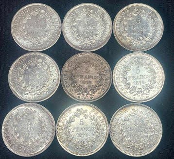 France. 5 Francs 1873/1877 Hercule (lot de 9 monnaies en