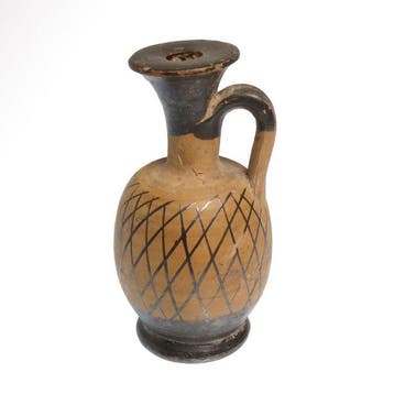Oud-Grieks Terracotta Miniatuur lekytos met netdecoratie, Antiek en Kunst