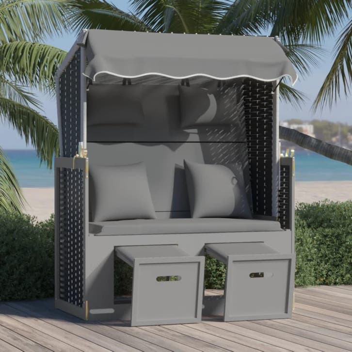 vidaXL Strandstoel met kussen poly rattan en hout antraciet, Tuin en Terras, Ligbedden, Nieuw, Verzenden
