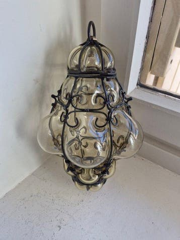 Lampe à suspendre - Fer forgé - Suspension en verre soufflé