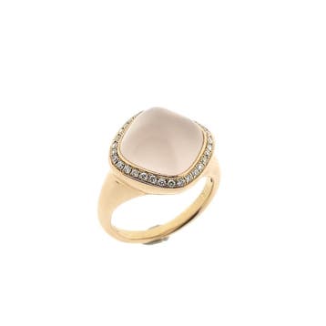 Gouden ring gezet met rozenkwarts en diamanten; Tirisi, Handtassen en Accessoires, Ringen, Gebruikt, Ophalen of Verzenden, Kleiner dan 17