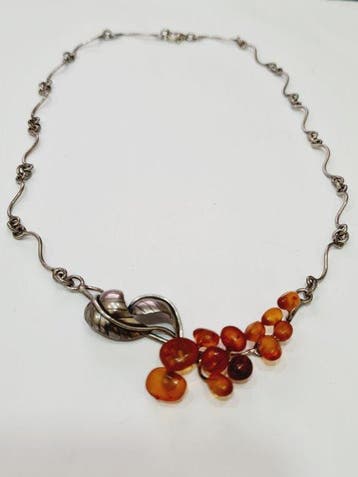 295 zilver en amber - Halsketting - Halsketting barnsteen, Verzamelen, Mineralen en Fossielen