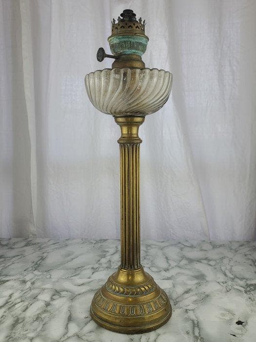 HASAG - Petroleumlamp - Brons, Glas - olielamp, Antiquités & Art, Curiosités & Brocante