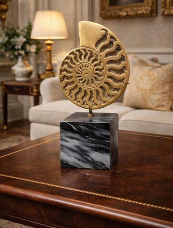 sculptuur, Bronze Ammonite Cast - 30 cm - Brons, Marmer