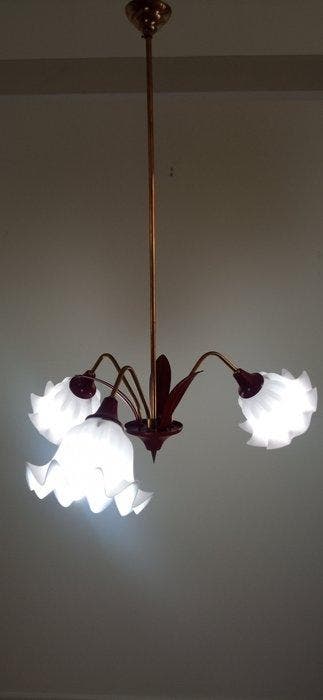 Lampe à suspendre - Laiton - Lampe à trois tiges, Antiquités & Art, Art | Objets design