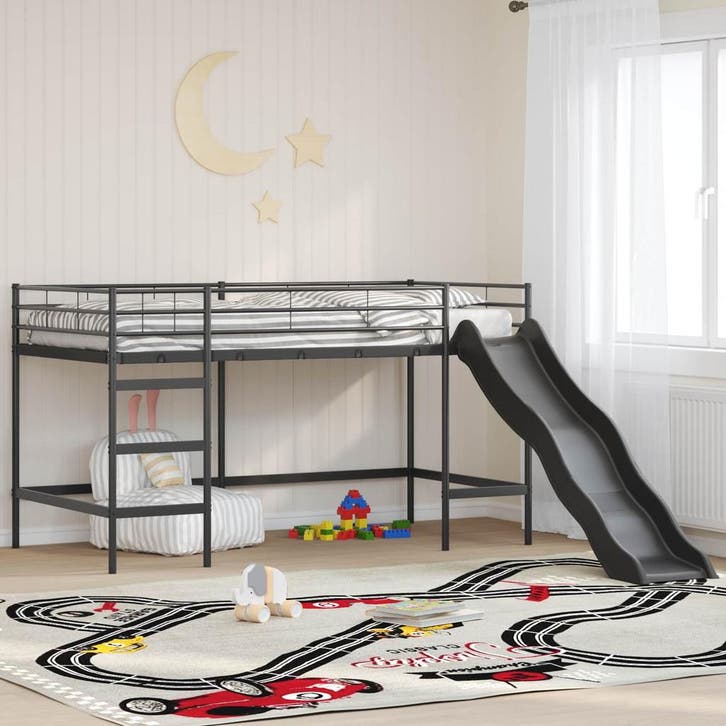 vidaXL Kinderen Loft Bed Frame met Glijbaan Zwart en, Huis en Inrichting, Slaapkamer | Bedden, Nieuw, Verzenden