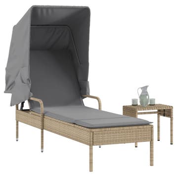 vidaXL Ligbed met luifel en tafel poly rattan beige, Verzenden