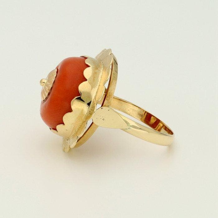 Bague - 14 carats Or jaune - corail rouge, Handtassen en Accessoires, Ringen