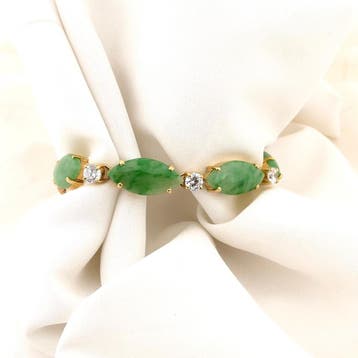 Gouden gourmetschakel armband met jade en zirconia, Handtassen en Accessoires, Armbanden, Gebruikt, Ophalen of Verzenden, Met edelsteen