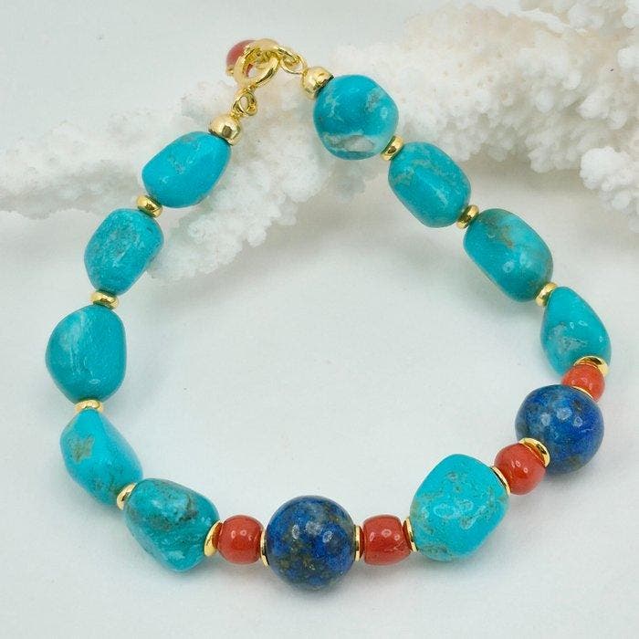 Turquoise - Zilver - Armband - turkoois koraal en lapis, Antiek en Kunst, Curiosa en Brocante