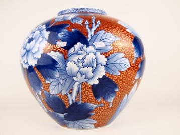Vase - Porcelaine, Grand motif de pivoine en bleu sous