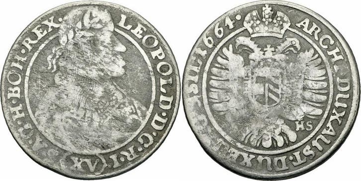 Rdr Schlesien Leopold 15 Kreuzer 1664 Shs Breslau Haus Ha..., Postzegels en Munten, Munten | Europa | Niet-Euromunten, België