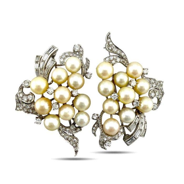 Broche Platina, Exclusief paar platina parels en 3,36 ct, Handtassen en Accessoires, Antieke sieraden