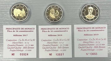Monaco. 2 Euro 2017/2019 (3 monnaies) Proof, Postzegels en Munten