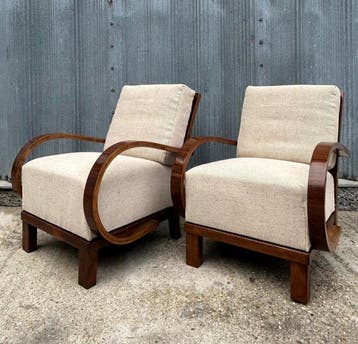 walnut veneered - Fully restored - 1930s - Fauteuil (2) -