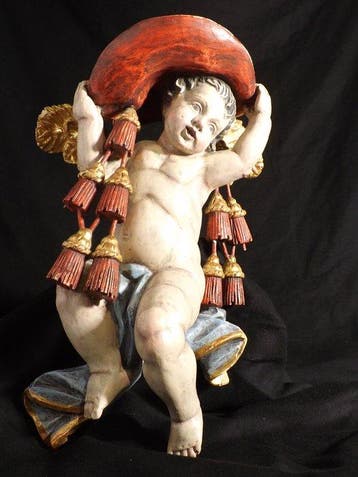 Figuur - Baroque Wooden Sculpture / Relief – Putto with, Antiek en Kunst