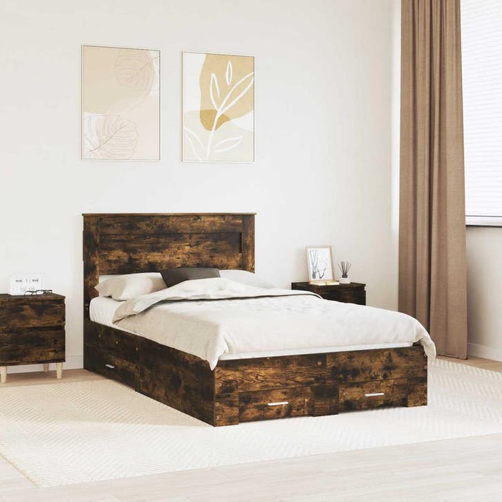 vidaXL Bedframe met hoofdeinde Rook Eiken 120 x 190 cm, Huis en Inrichting, Slaapkamer | Bedden, Nieuw, Verzenden