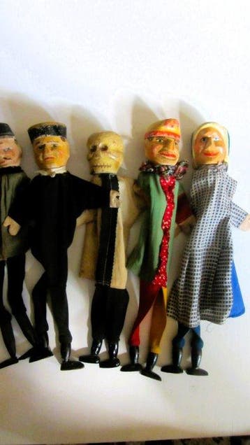 Figuur - Set antieke houten handpoppen (5) - Hout, Textiel,