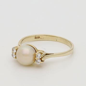 Bague - 14 carats Or jaune - Diamant - perle deau douce