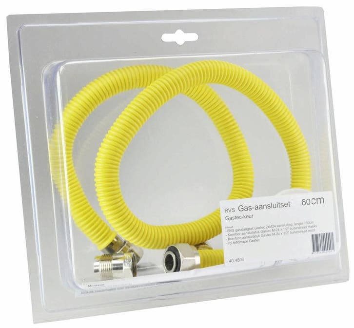Blister RVS gasslangset 60cm + acc, Doe-het-zelf en Bouw, Verwarming en Radiatoren, Ophalen of Verzenden