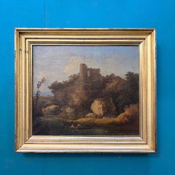 C. Marko (XIX) - Paesaggio romantico con rovine, fiume e
