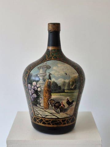 Fles - Vintage handgeschilderde glazen Dame-Jeanne vaasfles, Antiek en Kunst