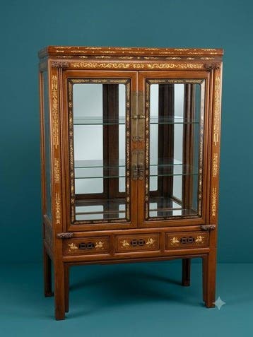 Antieke Chinese Vitrine - Hout, Messing, Glas, Been - Antiek